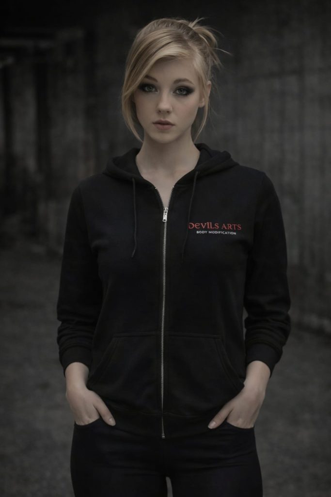 DEVILS-ARTS | WEAR – tätowiertes weibliches Model mit schwarzem Zip-Hoodie und kleiner Brustsignatur vor dunklem Hintergrund