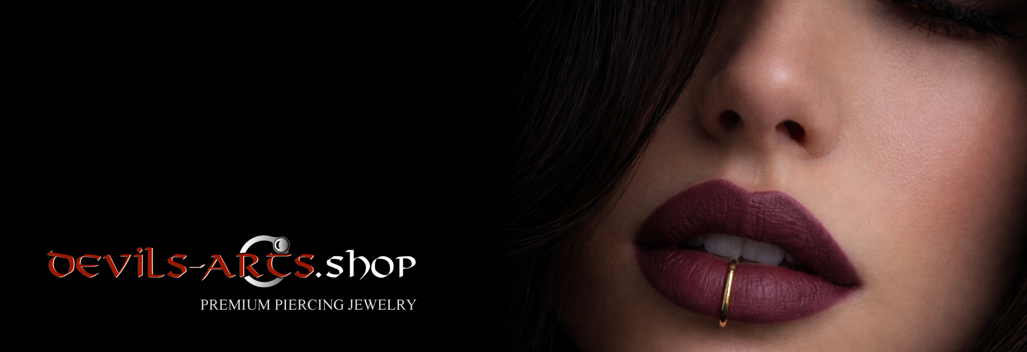 DEVILS-ARTS.SHOP Banner für hochwertigen Piercingschmuck mit Lippenpiercing im Dark-Aesthetic-Stil