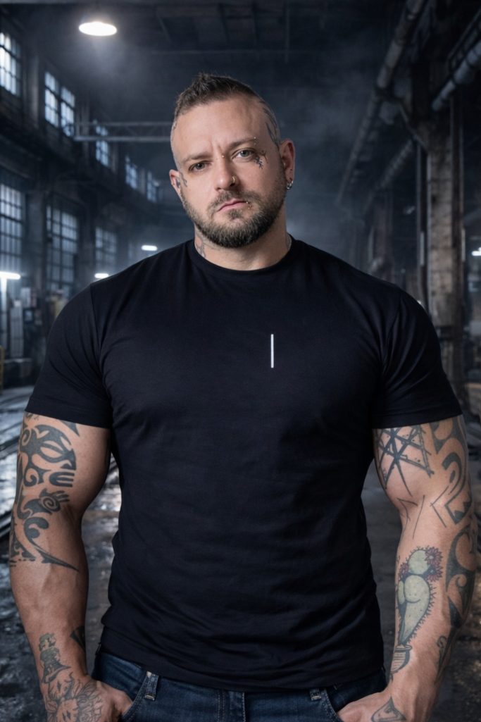 DEVILS-ARTS | WEAR – tätowiertes männliches Model mit schwarzem T-Shirt und weißem Brustsymbol vor Industriehintergrund