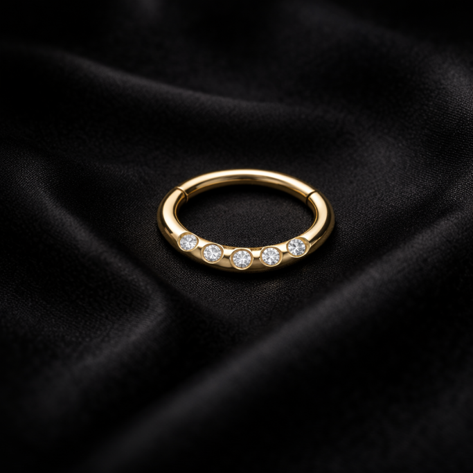 Goldener Segmentring-Clicker mit fünf klaren Steinen auf schwarzem Stoff – DEVILS-ARTS.SHOP