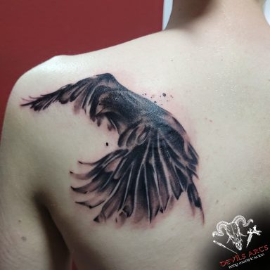 Black & Grey Raben-Tattoo auf dem Schulterblatt, gestochen im DEVILS-ARTS Studio.